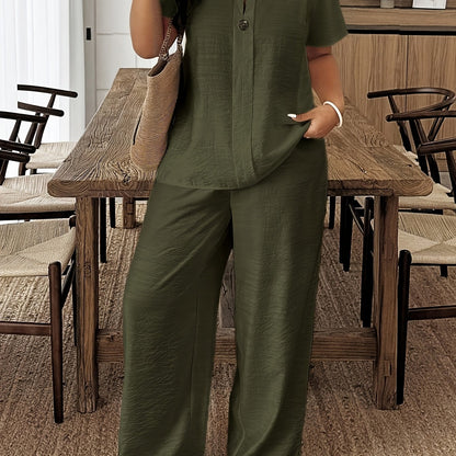 Plus Size - Plus Size - Spring/Summer New Plus Size Women'S Casual Short Sleeve Shirt And Loose Pants 2pcs Set, Suitable for Vacation And Daily Outings, Machine Washable LY095