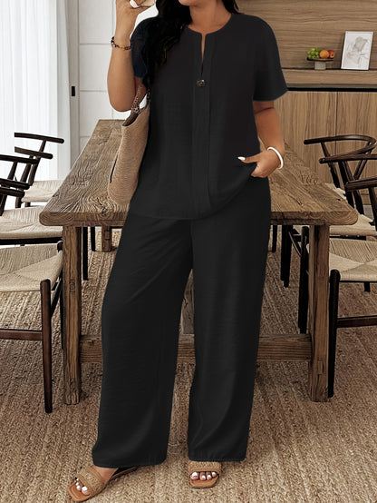 Plus Size - Plus Size - Spring/Summer New Plus Size Women'S Casual Short Sleeve Shirt And Loose Pants 2pcs Set, Suitable for Vacation And Daily Outings, Machine Washable LY095