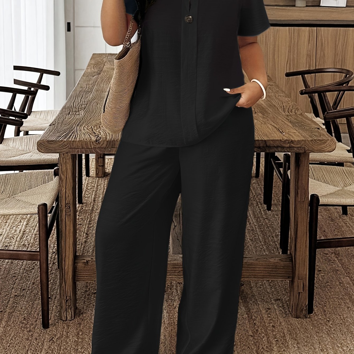 Plus Size - Plus Size - Spring/Summer New Plus Size Women'S Casual Short Sleeve Shirt And Loose Pants 2pcs Set, Suitable for Vacation And Daily Outings, Machine Washable LY095