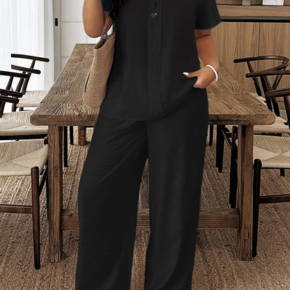 Plus Size - Plus Size - Spring/Summer New Plus Size Women'S Casual Short Sleeve Shirt And Loose Pants 2pcs Set, Suitable for Vacation And Daily Outings, Machine Washable LY095
