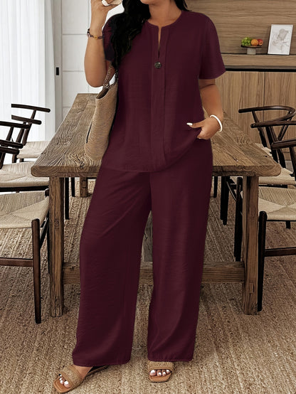 Plus Size - Plus Size - Spring/Summer New Plus Size Women'S Casual Short Sleeve Shirt And Loose Pants 2pcs Set, Suitable for Vacation And Daily Outings, Machine Washable LY095