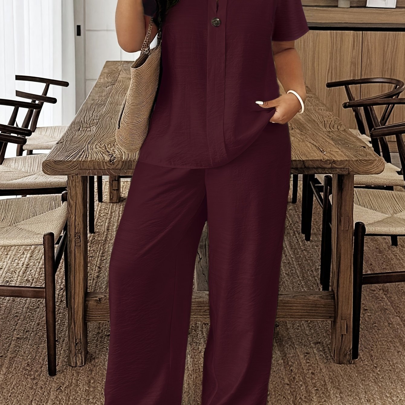 Plus Size - Plus Size - Spring/Summer New Plus Size Women'S Casual Short Sleeve Shirt And Loose Pants 2pcs Set, Suitable for Vacation And Daily Outings, Machine Washable LY095