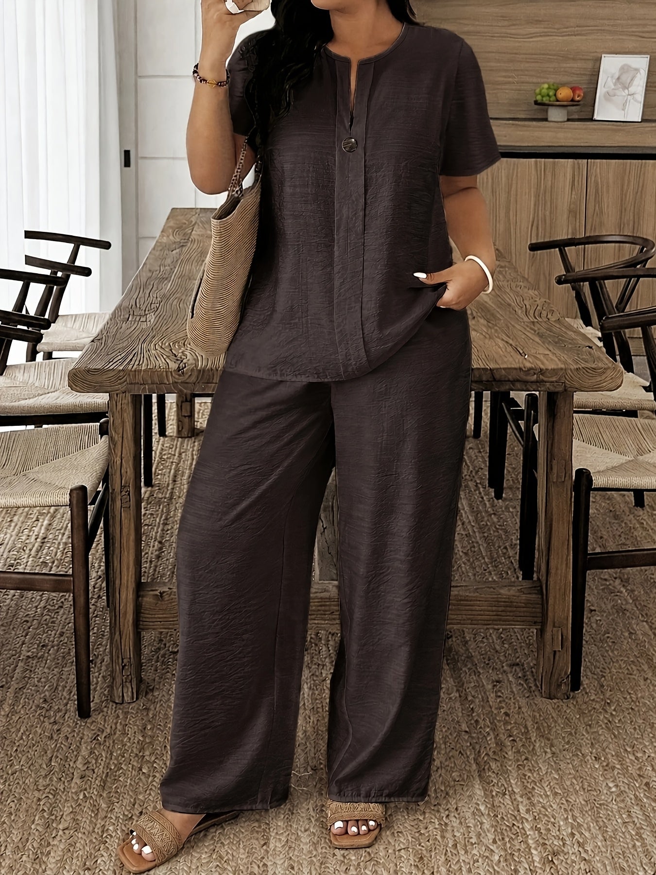 Plus Size - Plus Size - Spring/Summer New Plus Size Women'S Casual Short Sleeve Shirt And Loose Pants 2pcs Set, Suitable for Vacation And Daily Outings, Machine Washable LY095