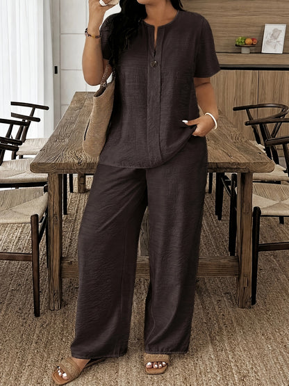 Plus Size - Plus Size - Spring/Summer New Plus Size Women'S Casual Short Sleeve Shirt And Loose Pants 2pcs Set, Suitable for Vacation And Daily Outings, Machine Washable LY095