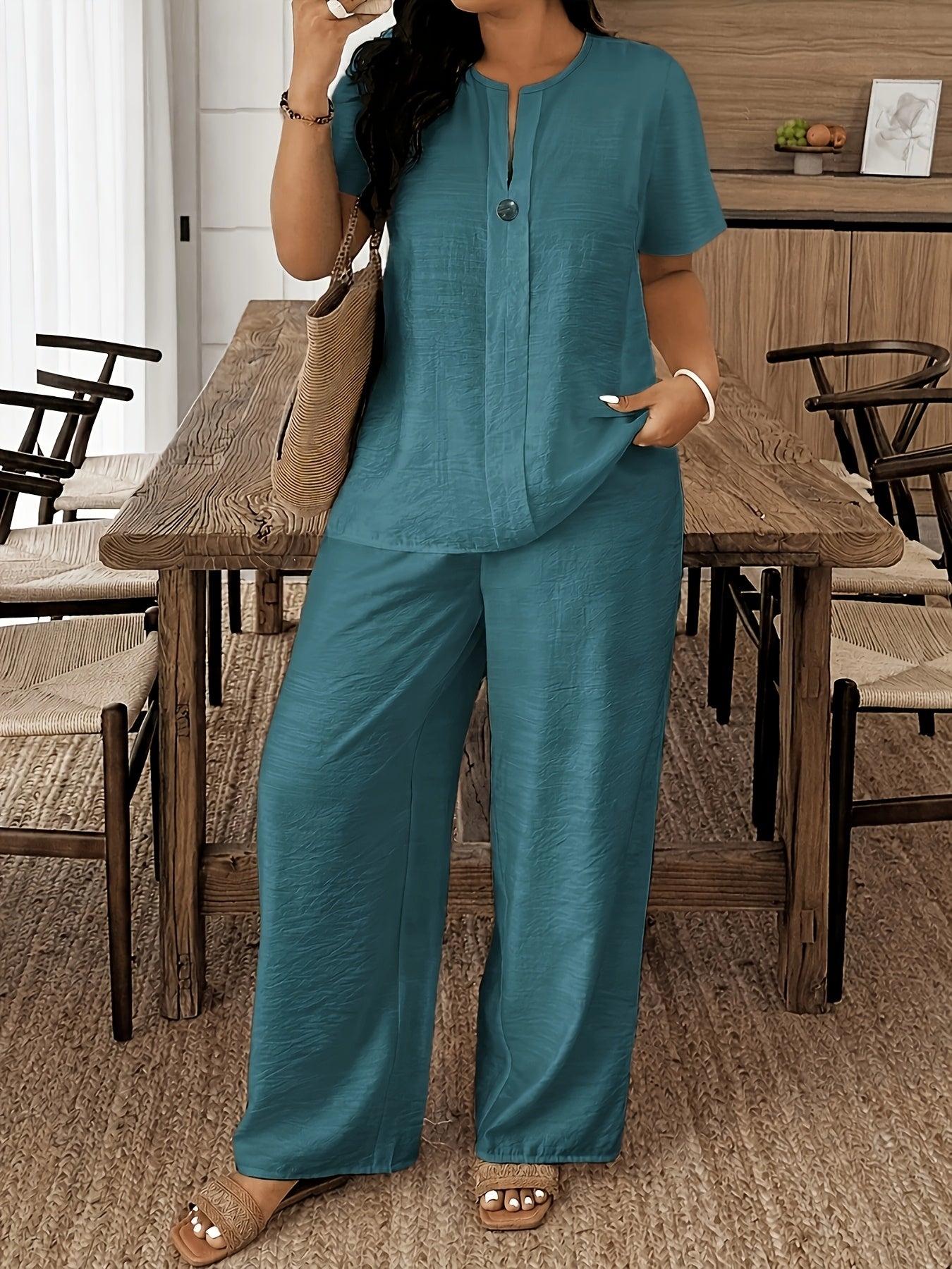 Plus Size - Plus Size - Spring/Summer New Plus Size Women'S Casual Short Sleeve Shirt And Loose Pants 2pcs Set, Suitable for Vacation And Daily Outings, Machine Washable LY095
