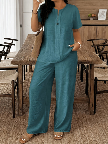 Plus Size - Plus Size - Spring/Summer New Plus Size Women'S Casual Short Sleeve Shirt And Loose Pants 2pcs Set, Suitable for Vacation And Daily Outings, Machine Washable LY095