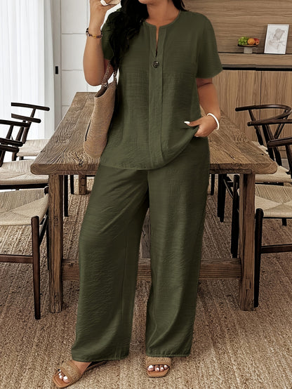 Plus Size - Plus Size - Spring/Summer New Plus Size Women'S Casual Short Sleeve Shirt And Loose Pants 2pcs Set, Suitable for Vacation And Daily Outings, Machine Washable LY095