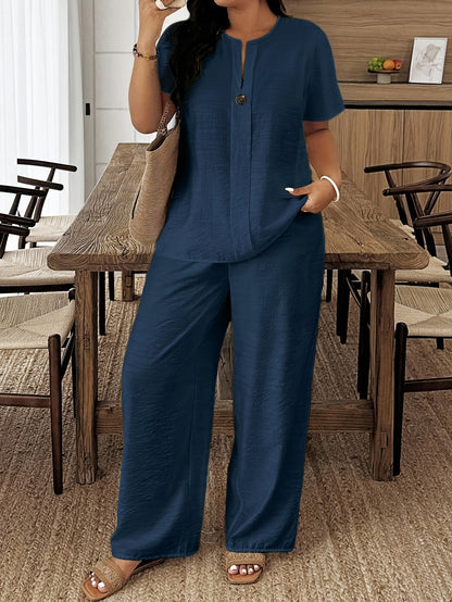 Plus Size - Plus Size - Spring/Summer New Plus Size Women'S Casual Short Sleeve Shirt And Loose Pants 2pcs Set, Suitable for Vacation And Daily Outings, Machine Washable LY095